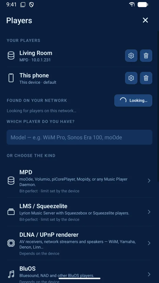 The Players screen: an MPD player and this phone, a network scan under way, and the list of player kinds — MPD, LMS / Squeezelite, DLNA / UPnP renderer, BluOS.
