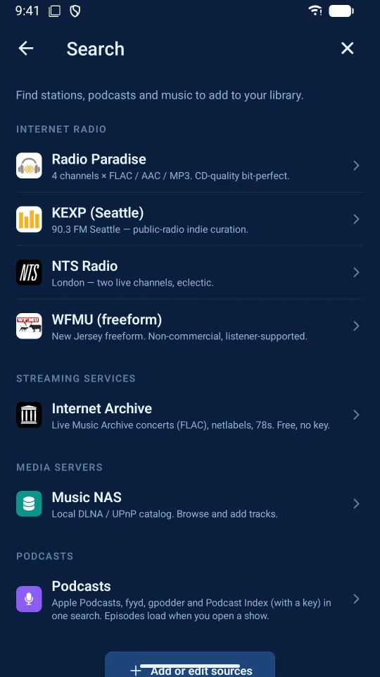 Search across sources: internet radio stations, the Internet Archive, a DLNA media server and podcasts, in one list.
