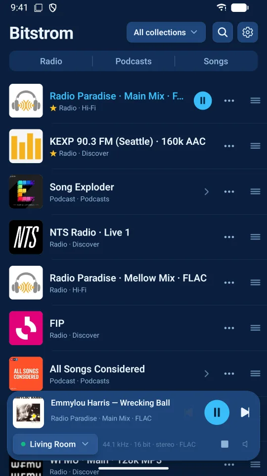 The library: radio stations and podcasts with favourites starred, and a mini player for the Living Room player at the bottom.