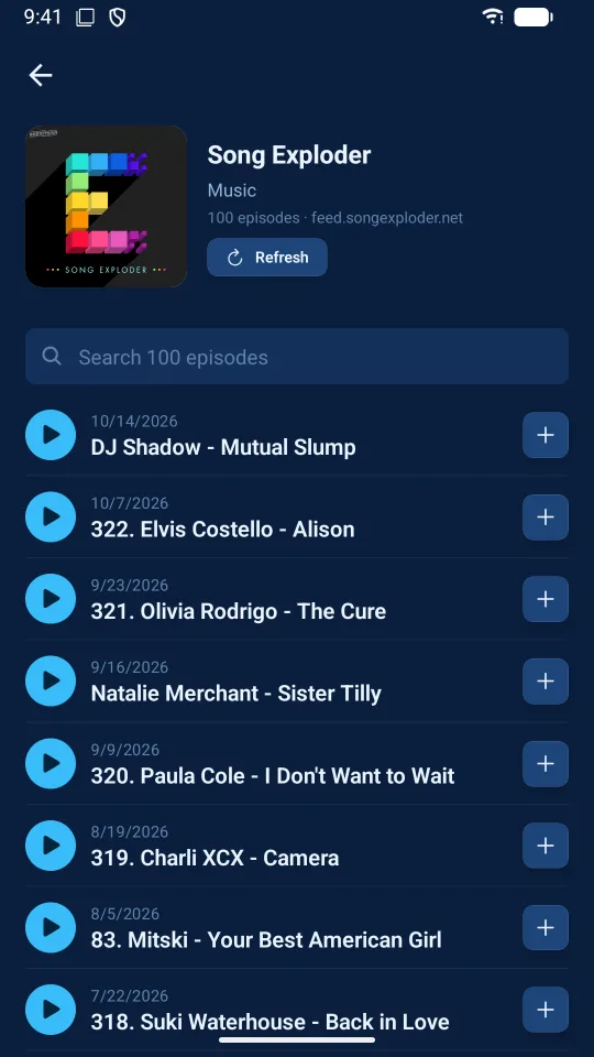 A podcast's page: the show's artwork, a search box over its episodes, and each episode with a play button and an add button.